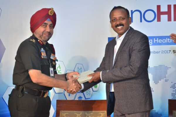 Maj Gen Jagtar Singh presenting a memento to Dr S Venkataramanaiah at InnoHEALTH 2017 Maj Gen Jagtar Singh presenting a memento to Dr S Venkataramanaiah at InnoHEALTH 2017