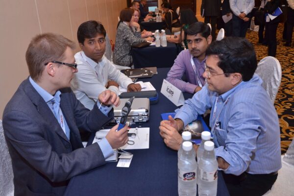 Joonas Ihalianen of iCare interacting with Dr Mukesh Taneja from LV Prasad Eye Institute at B2B meeting of InnoHEALTH 2017 Joonas Ihalianen of iCare interacting with Dr Mukesh Taneja from LV Prasad Eye Institute at B2B meeting of InnoHEALTH 2017