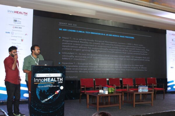 5. Abhishek Venkataram and Sanidhya Rasiwasia present their innovation on navi surgical navigation ssytem in the Young innovators award session at InnoHEALTH 2018 5. Abhishek Venkataram and Sanidhya Rasiwasia present their innovation on navi surgical navigation ssytem in the Young innovators award session at InnoHEALTH 2018