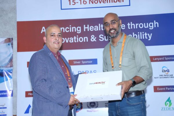 26. Sachin Gaur from InnovatioCuris presenting memento of appreciation to Kshitij Jadhav from IIT Bombay in Large Language Models in Healthcare Delivery session at InnoHEALTH 2024 26. Sachin Gaur from InnovatioCuris presenting memento of appreciation to Kshitij Jadhav from IIT Bombay in Large Language Models in Healthcare Delivery session at InnoHEALTH 2024