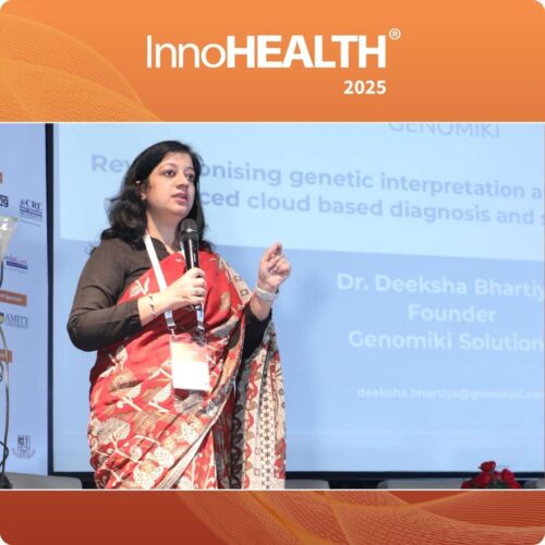 Dr. Deeksha Bhartiya giving her pitch during the HealthTech Startup Pitches session