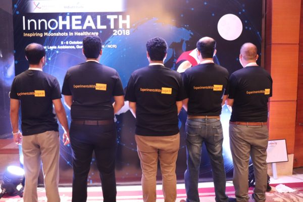 9. (L-R)Areez Malik, Haritash Tamvada, Clarion Smith, Alok Chaudhary and Sachin Gaur of the ExperimentsWithSugar team pose at the moonshot corner of InnoHEALTH 2018
